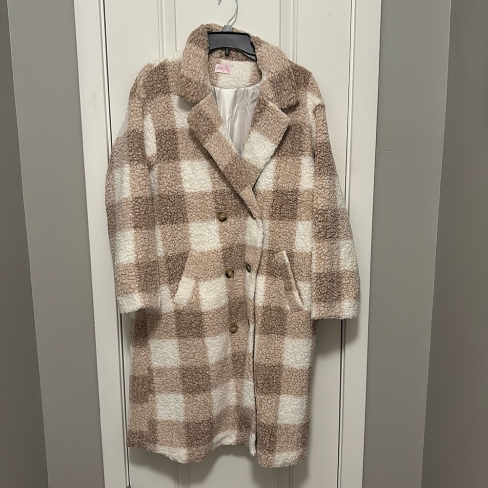 Pink Lily Tan and Cream Plaid Coat